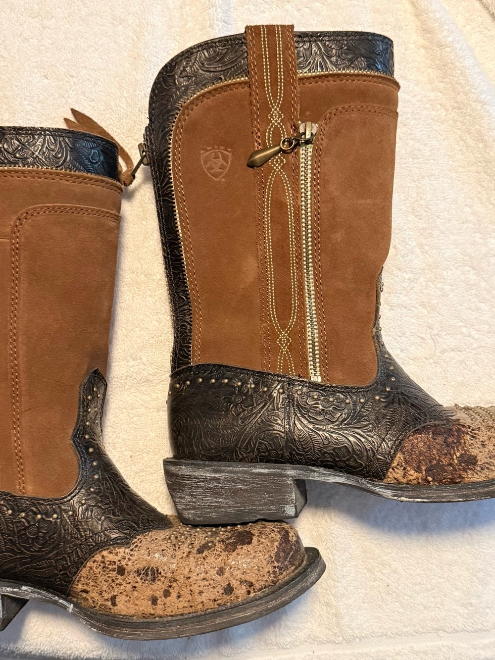 Ariat Tan Suede & Embossed Brown Western pull on with zipper in back. - Picture 2 of 9